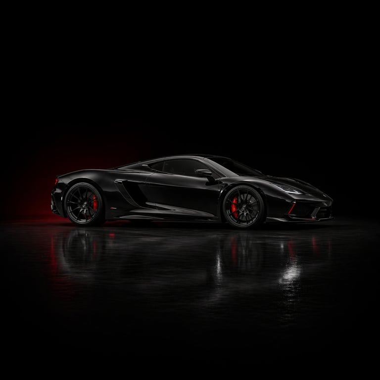 Sleek black sports car with red accents photographed against dark background with reflective surface