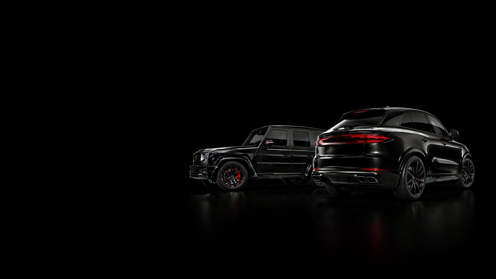 Two black luxury vehicles displayed against a dark background, featuring a compact SUV on the left and a sedan on the right with red accent details.