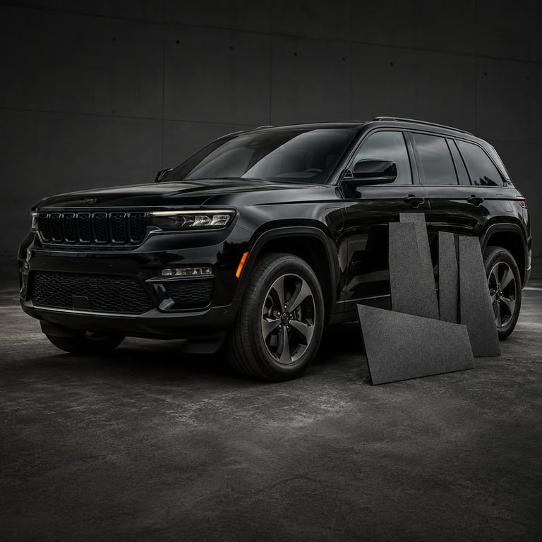 Black Jeep Grand Cherokee with open doors parked in a concrete garage displaying interior leather seats