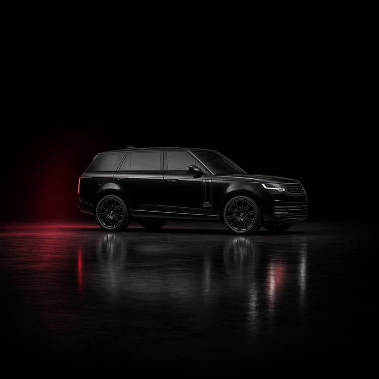 Black luxury Range Rover SUV displayed against dark background with dramatic red lighting reflecting on wet floor