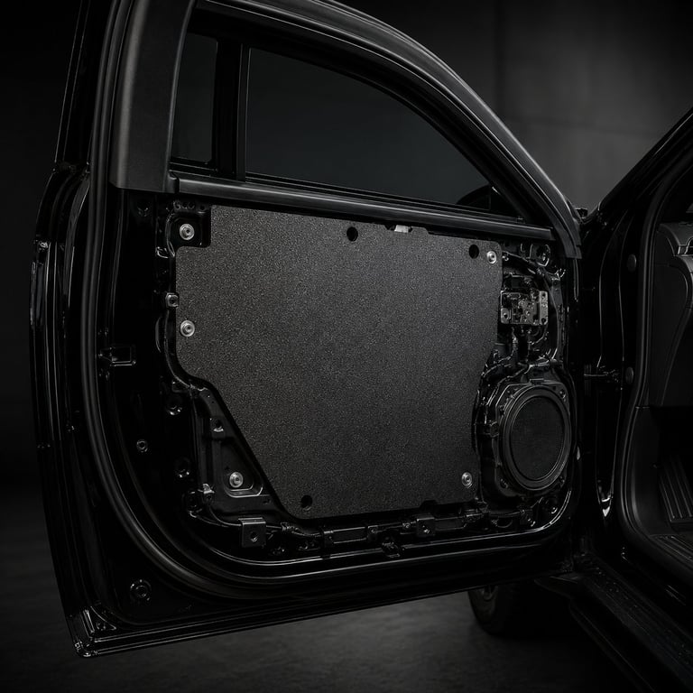 Open car door showing interior panel with speaker and mechanical components in black and white