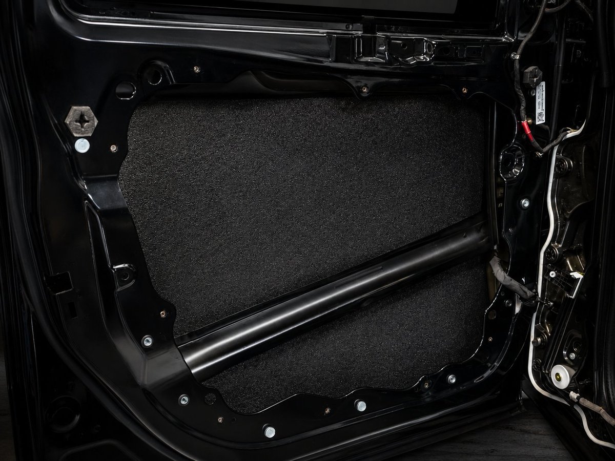 Interior of car door panel with black fabric speaker, metal trim, and wiring components mounted inside the black door frame