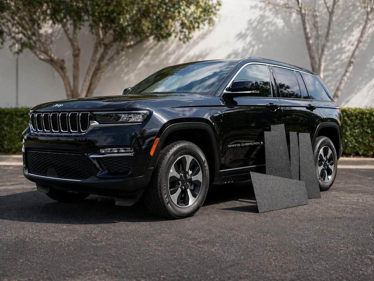 Black Jeep Grand Cherokee SUV with open door parked in driveway with trees in background