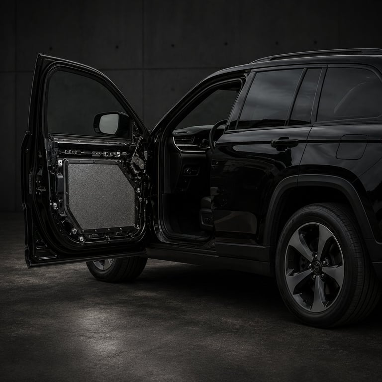 Black SUV with open drivers side door displayed in studio against dark background