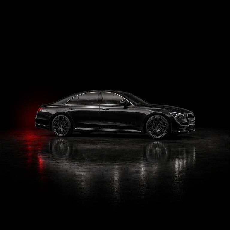 Black luxury sedan photographed from the side against a dark background with red accent lighting and mirror reflection on wet surface