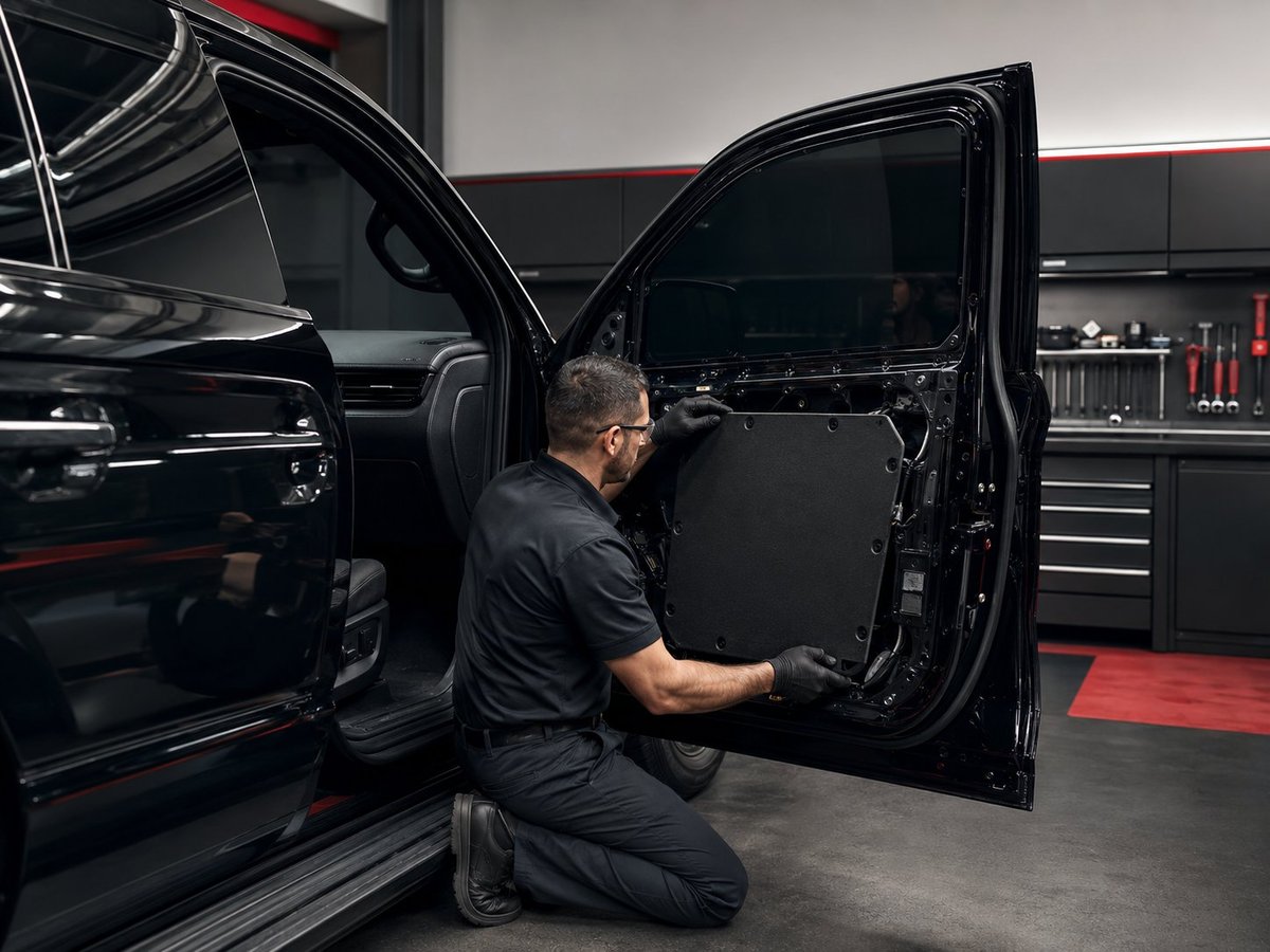 Mechanic working on black car door panel in garage workshop with tool storage visible